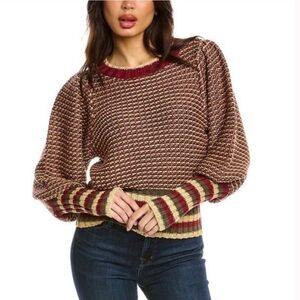 Ramy Brook NWT Hadar Metallic Waffle Stripe Knit Blouson Sleeve Ribbed Sweater L
